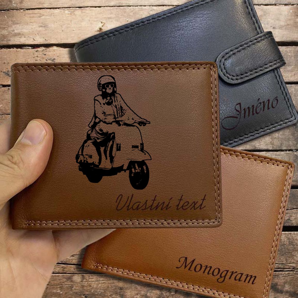 Pro MOTORKÁŘE | 03 |, více barev kůže a typů, pánská nebo dámská kožená peněženka s motorkou, motorkářským motivem a jménem | OUTLET TvujOriginal.cz