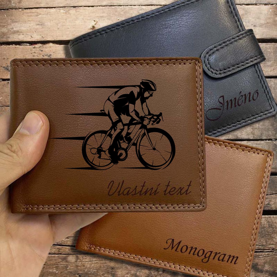 Pro CYKLISTU | 01 |, více barev kůže a typů, pánská kožená peněženka s motivem kola, cyklistiky a jménem | OUTLET TvujOriginal.cz