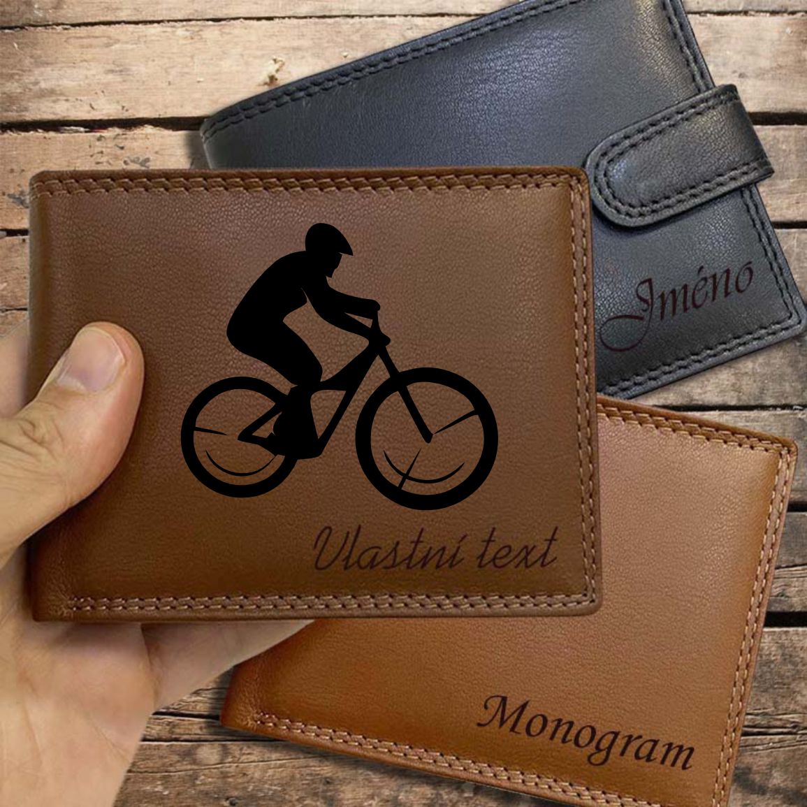 Pro CYKLISTU | 07 |, více barev kůže a typů, pánská kožená peněženka s motivem kola, cyklistiky a jménem | OUTLET TvujOriginal.cz