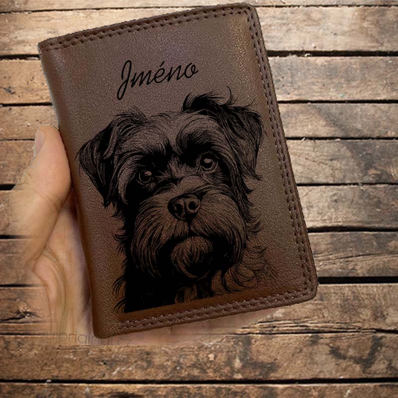 Kožená peněženka se psem OPIČÍ PINČ (PINSCHER) nebo jakákoliv rasa, navíc jméno a text | více barev a typů kůže
