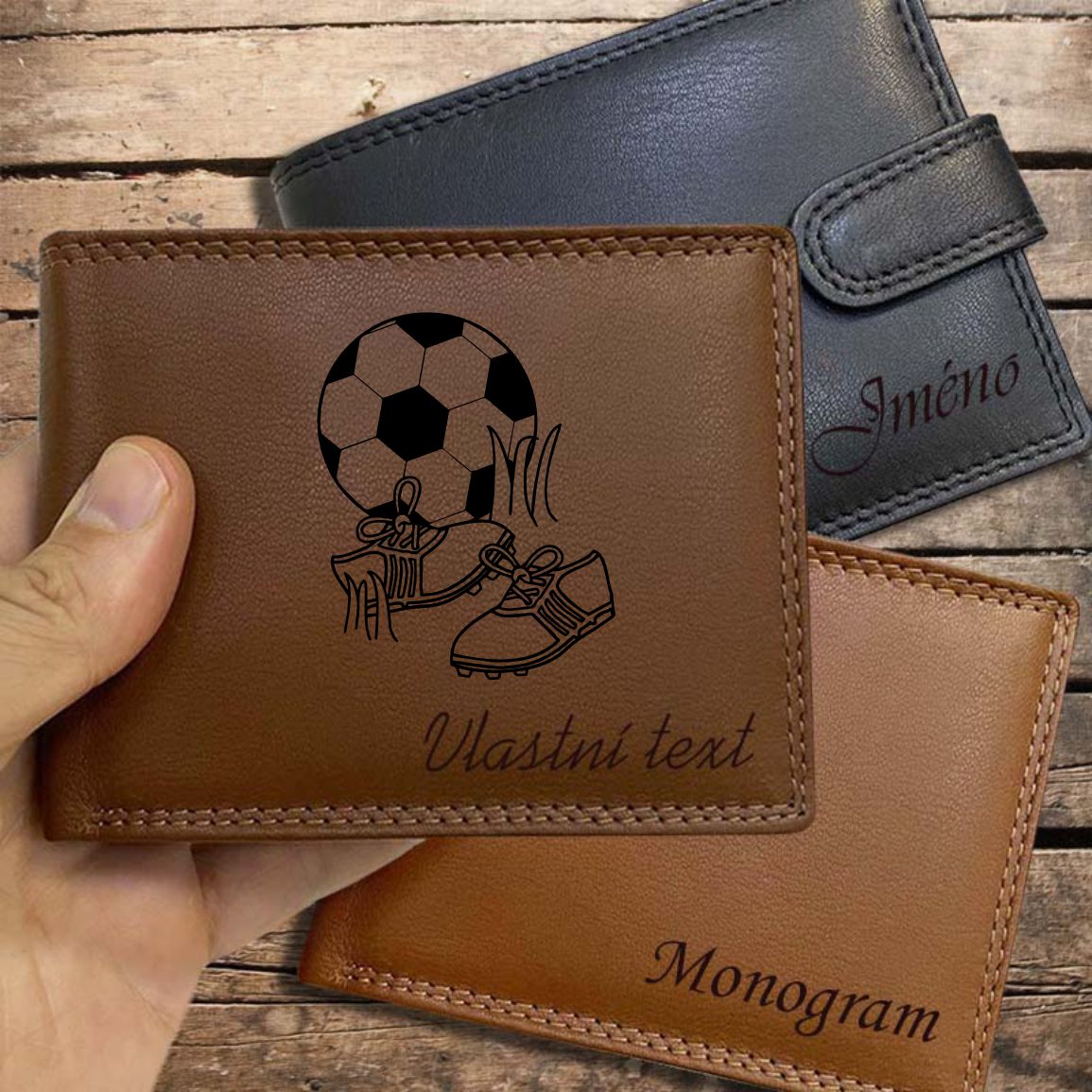Motiv FOTBAL | 01 |, více barev kůže a typů, pánská kožená peněženka se sportovním motivem a jménem | OUTLET TvujOriginal.cz