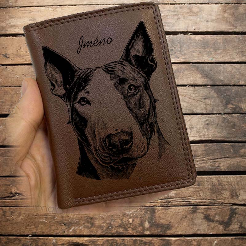 Kožená peněženka se psem ANGLICKÝ BULL TERIÉR nebo jakákoliv rasa, navíc jméno a text | více barev a typů kůže
