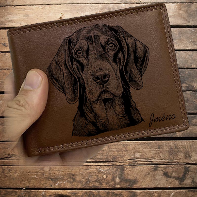 Kožená peněženka se psem COONHOUND nebo jakákoliv rasa, navíc jméno a text | více barev a typů kůže