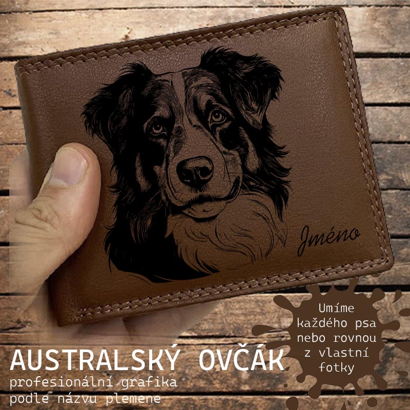 Kožená peněženka se psem AUSTRALSKÝ OVČÁK (SHEPHERD)nebo jakákoliv rasa, navíc jméno a text | více barev a typů kůže