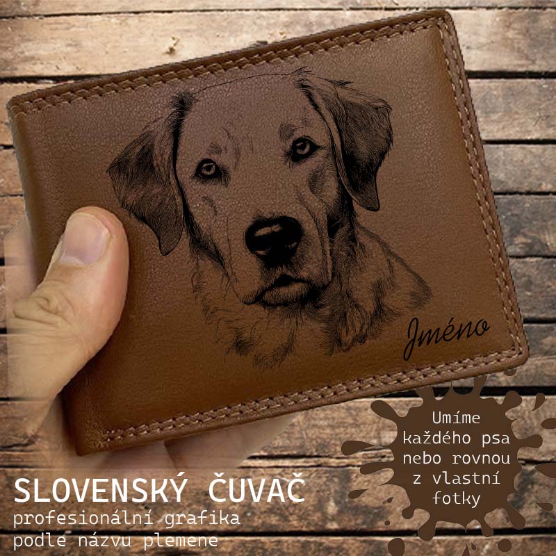 Kožená peněženka se psem SLOVENSKÝ ČUVAČ nebo jakákoliv rasa, navíc jméno a text | více barev a typů kůže