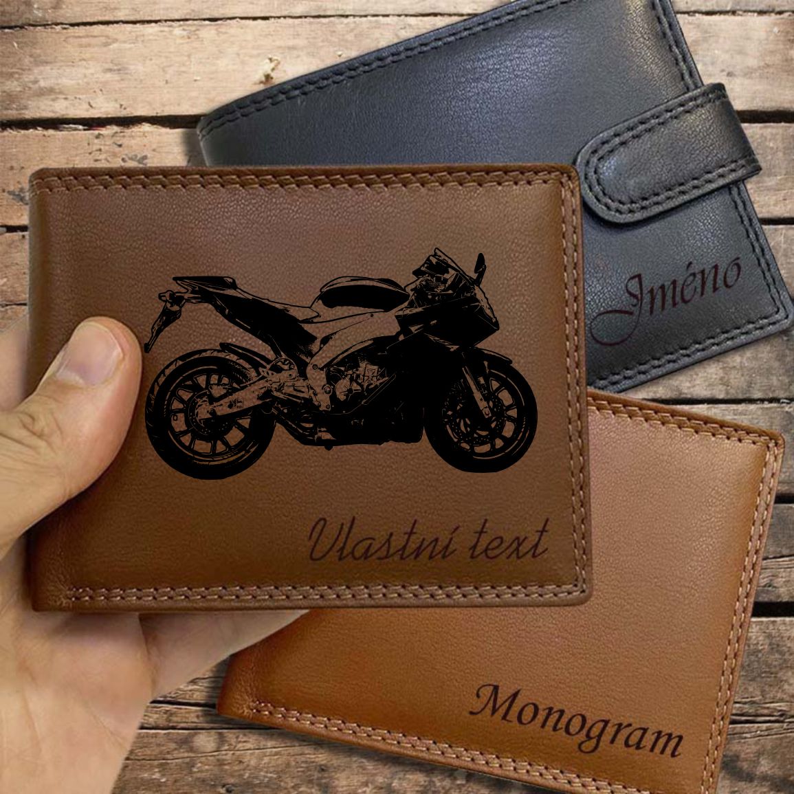 Pro MOTORKÁŘE | 08 |, více barev kůže a typů, pánská kožená peněženka s motorkou, motorkářským motivem a jménem | OUTLET TvujOriginal.cz