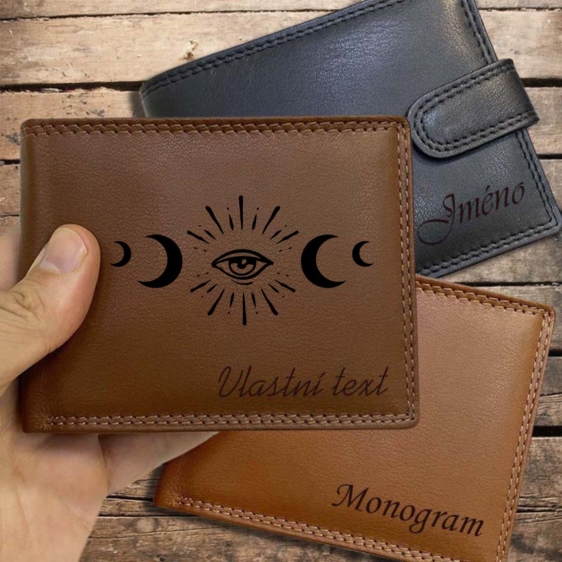 MAGIE | 17 |, více barev kůže a typů, pánská kožená peněženka s magickým motivem a jménem | OUTLET TvujOriginal.cz