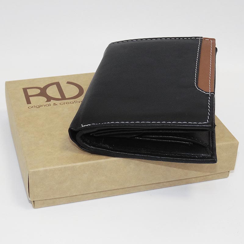 Pánská černá/hnědá kožená peněženka BULL Leather s monogramem (ražba)
