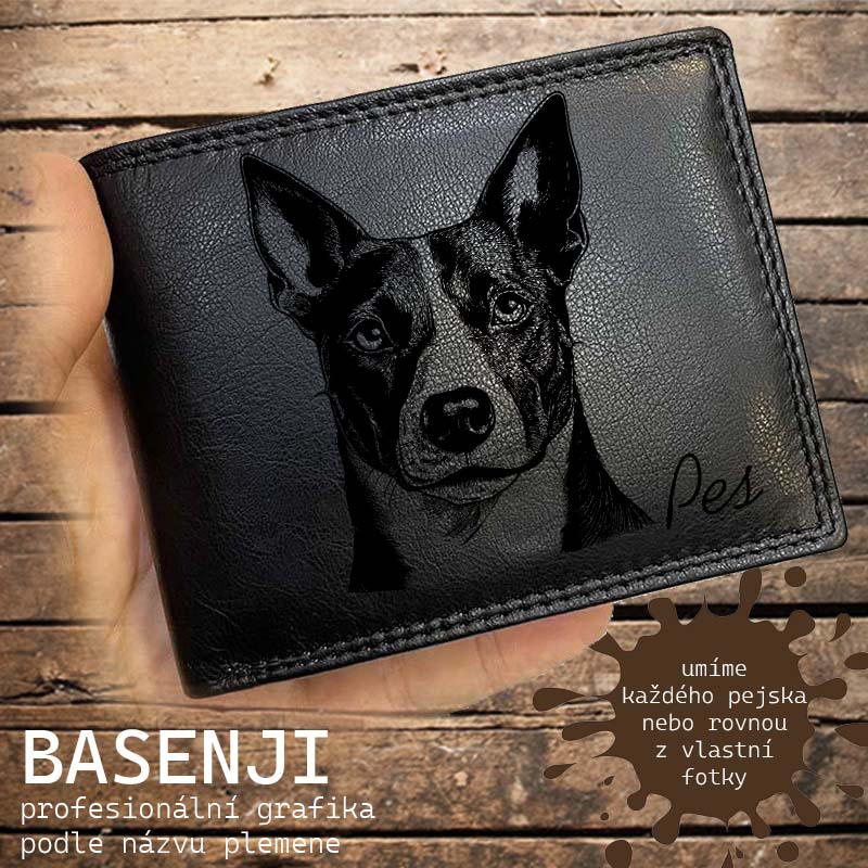 Kožená peněženka se psem BASENJI nebo jakákoliv rasa, navíc jméno a text | více barev a typů kůže