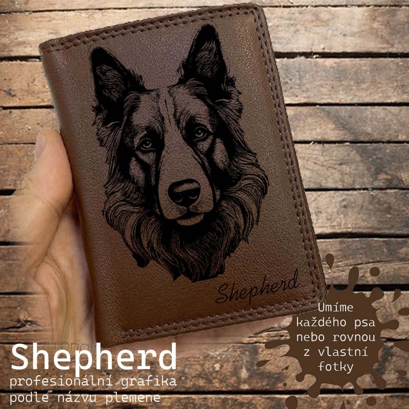 Kožená peněženka se psem BOHEMIAN SHEPHERD nebo jakákoliv rasa, navíc jméno a text | více barev a typů kůže