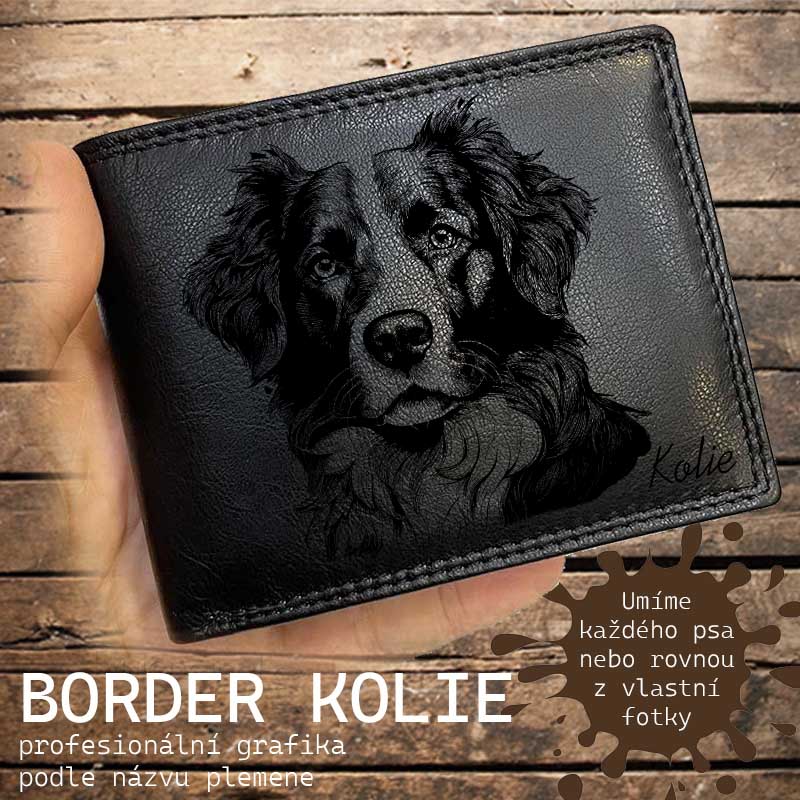 Kožená peněženka se psem BORDER KOLIE nebo jakákoliv rasa, navíc jméno a text | více barev a typů kůže