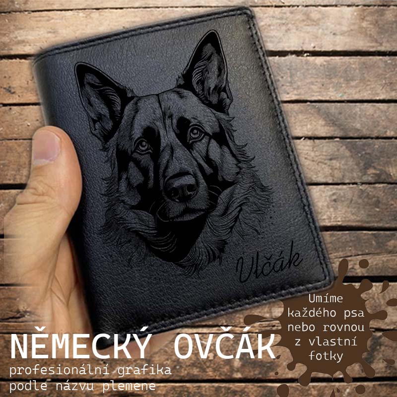Kožená peněženka se psem NĚMECKÝ OVČÁK nebo jakákoliv rasa, navíc jméno a text | více barev a typů kůže