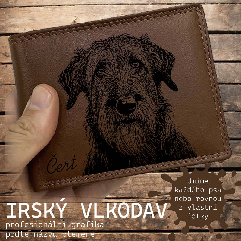Kožená peněženka se psem IRSKÝ VLKODAV nebo jakákoliv rasa, navíc jméno a text | více barev a typů kůže