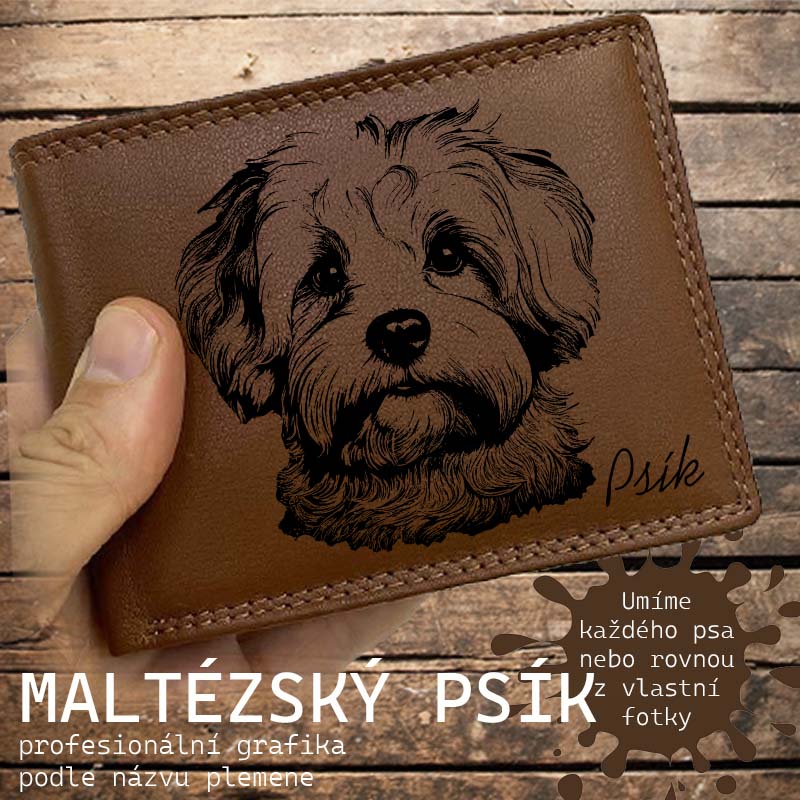 Kožená peněženka se psem MALTÉZSKÝ PSÍK nebo jakákoliv rasa, navíc jméno a text | více barev a typů kůže