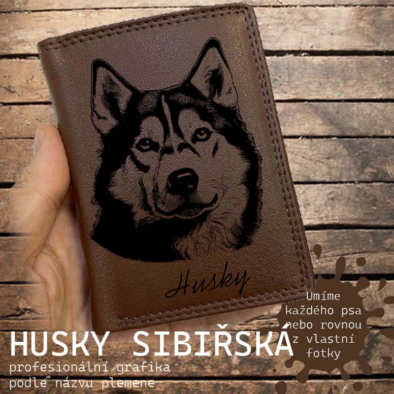 Kožená peněženka se psem SIBIŘSKÁ HUSKY nebo jakákoliv rasa, navíc jméno a text | více barev a typů kůže