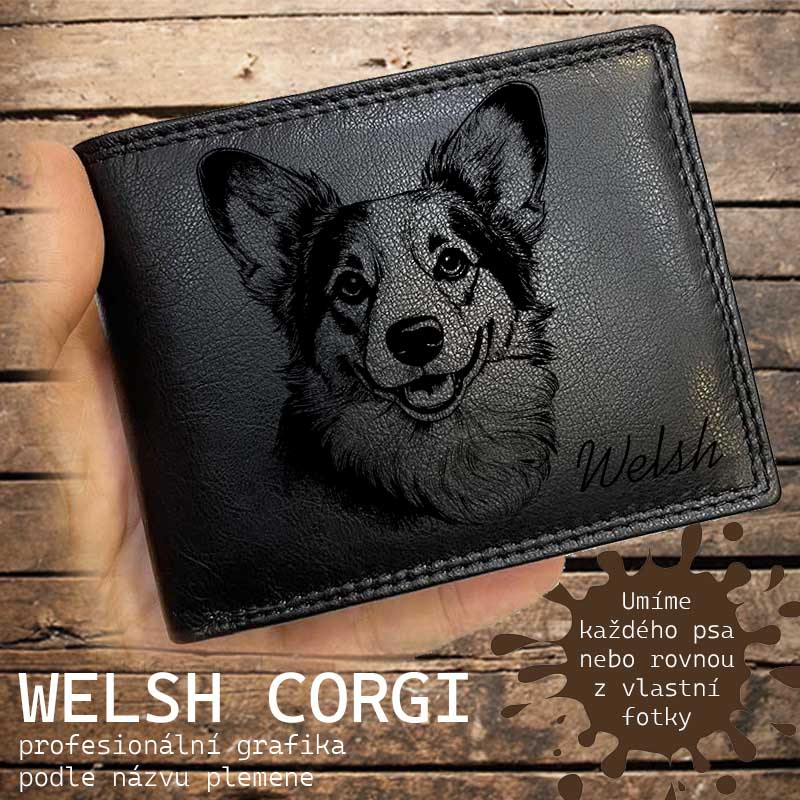 Kožená peněženka se psem WELSH CORGI TERIER  nebo jakákoliv rasa, navíc jméno a text | více barev a typů kůže