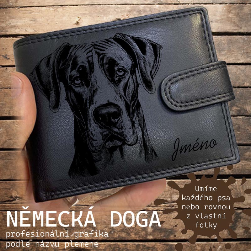 Kožená peněženka se psem NĚMECKÁ DOGA nebo jakákoliv rasa, navíc jméno a text | více barev a typů kůže