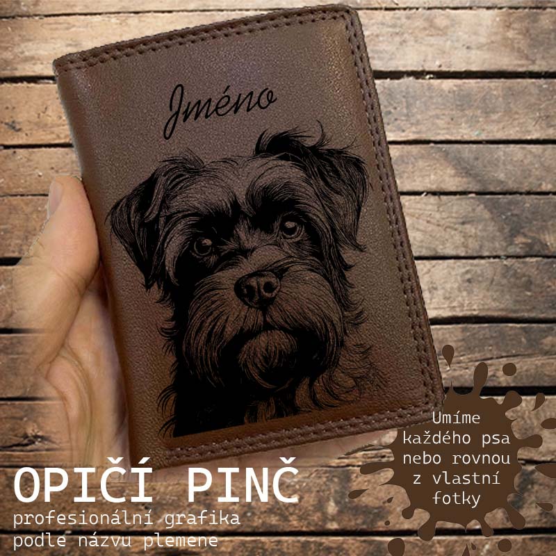 Kožená peněženka se psem OPIČÍ PINČ (PINSCHER) nebo jakákoliv rasa, navíc jméno a text | více barev a typů kůže