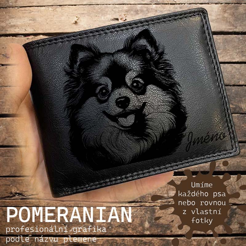 Kožená peněženka se psem POMERANIAN nebo jakákoliv rasa, navíc jméno a text | více barev a typů kůže