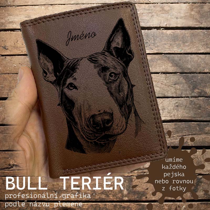 Kožená peněženka se psem ANGLICKÝ BULL TERIÉR nebo jakákoliv rasa, navíc jméno a text | více barev a typů kůže