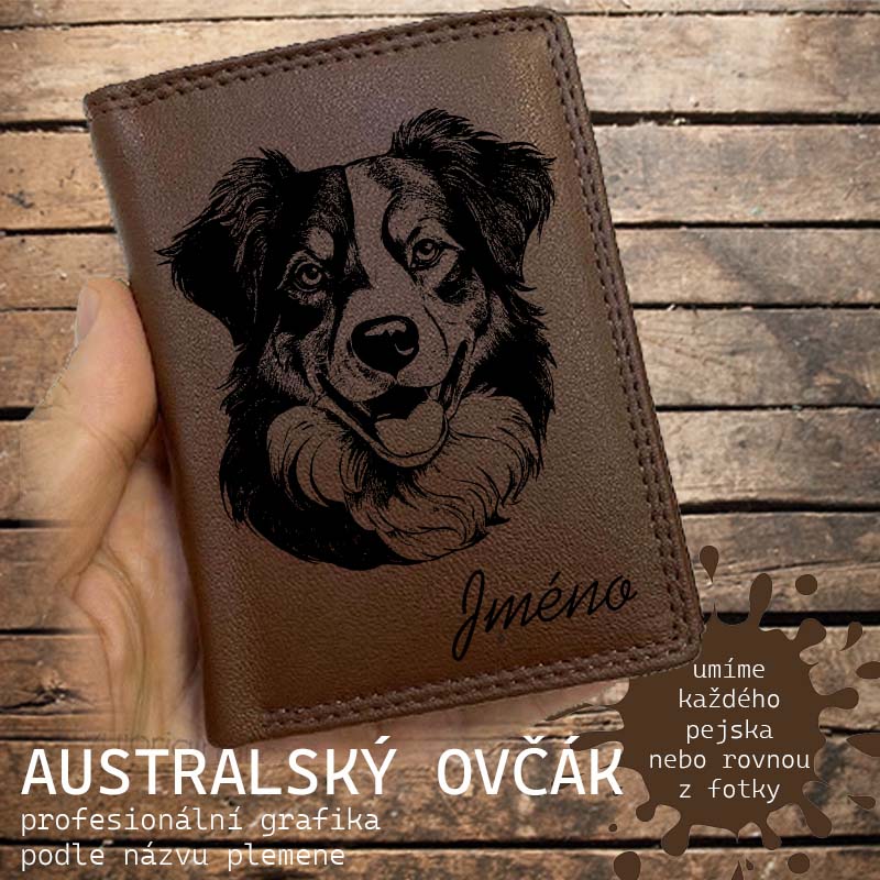 Kožená peněženka se psem AUSTRALSKÝ OVČÁK |2| nebo jakákoliv rasa, navíc jméno a text | více barev a typů kůže