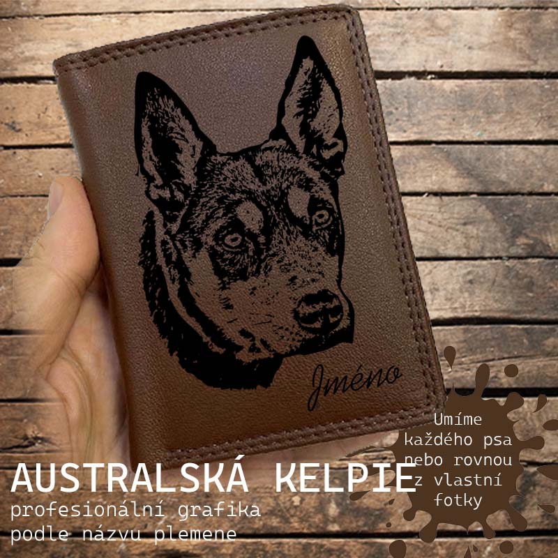 Kožená peněženka se psem AUSTRALSKÁ KELPIE nebo jakákoliv rasa, navíc jméno a text | více barev a typů kůže