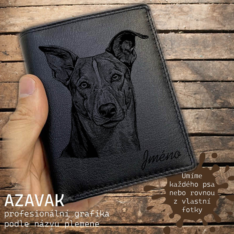 Kožená peněženka se psem AZAVAK nebo jakákoliv rasa, navíc jméno a text | více barev a typů kůže