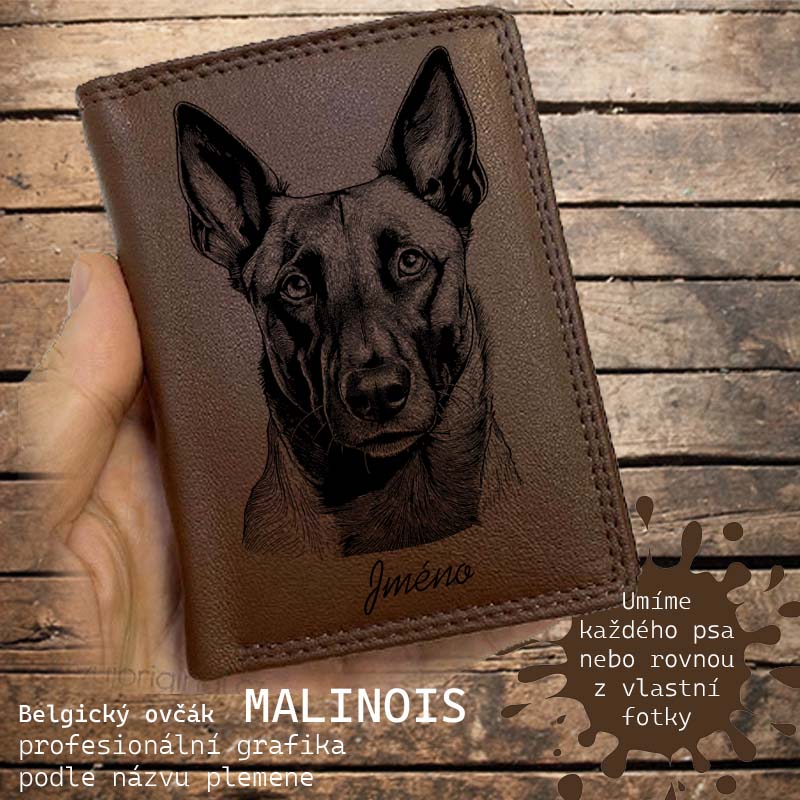 Kožená peněženka se psem BELGICKÝ OVČÁK MALINOIS nebo jakákoliv rasa, navíc jméno a text | více barev a typů kůže