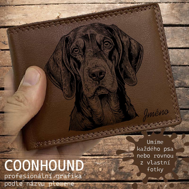 Kožená peněženka se psem COONHOUND nebo jakákoliv rasa, navíc jméno a text | více barev a typů kůže