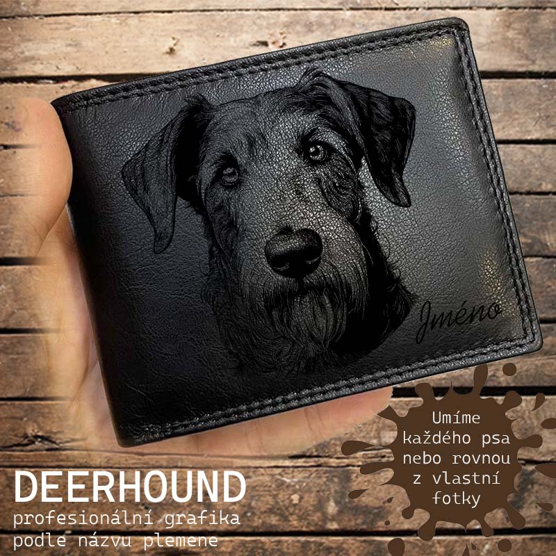 Kožená peněženka se psem DEERHOUND nebo jakákoliv rasa, navíc jméno a text | více barev a typů kůže