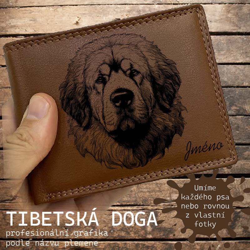 Kožená peněženka se psem TIBETSKÁ DOGA nebo jakákoliv rasa, navíc jméno a text | více barev a typů kůže