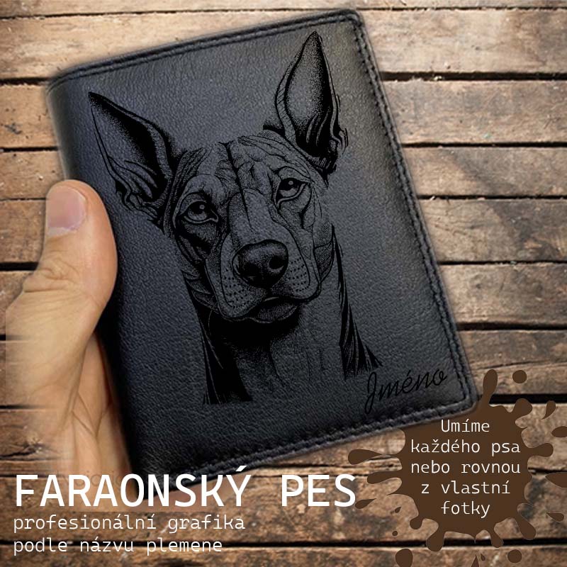 Kožená peněženka se psem FARAONSKÝ PES nebo jakákoliv rasa, navíc jméno a text | více barev a typů kůže