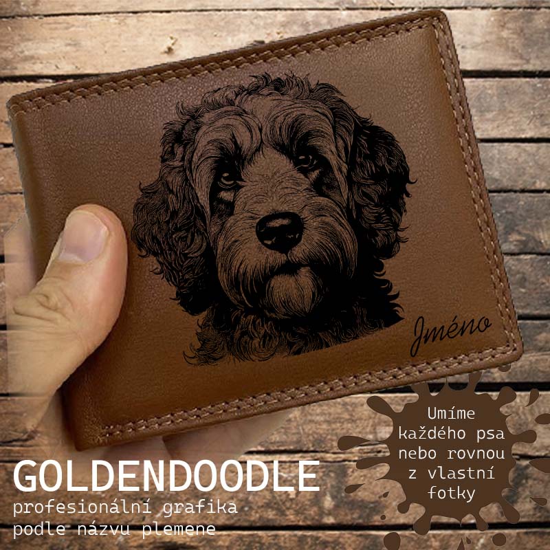 Kožená peněženka se psem GOLDENDOODLE nebo jakákoliv rasa, navíc jméno a text | více barev a typů kůže