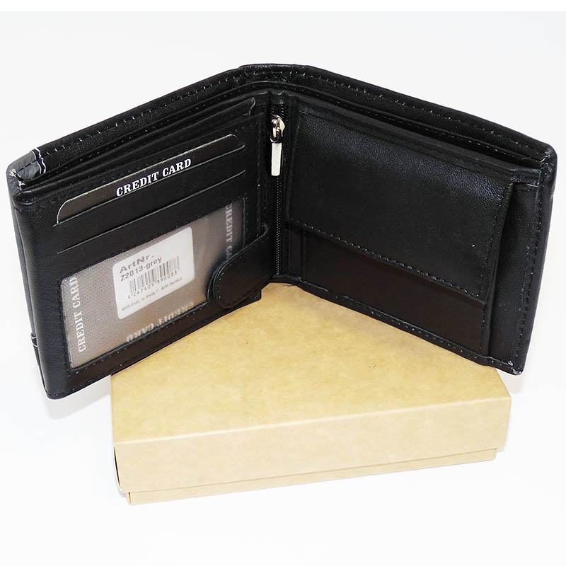 Pánská černá/šedá kožená peněženka BULL Leather s monogramem (ražba)