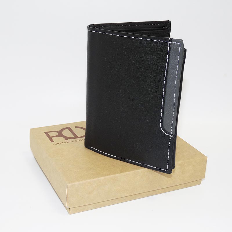 Pánská černá/šedá kožená peněženka BULL Leather s monogramem (ražba)