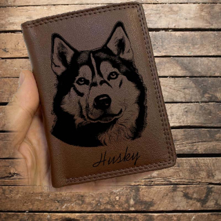 Kožená peněženka se psem SIBIŘSKÁ HUSKY nebo jakákoliv rasa, navíc jméno a text | více barev a typů kůže