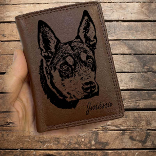 Kožená peněženka se psem AUSTRALSKÁ KELPIE nebo jakákoliv rasa, navíc jméno a text | více barev a typů kůže
